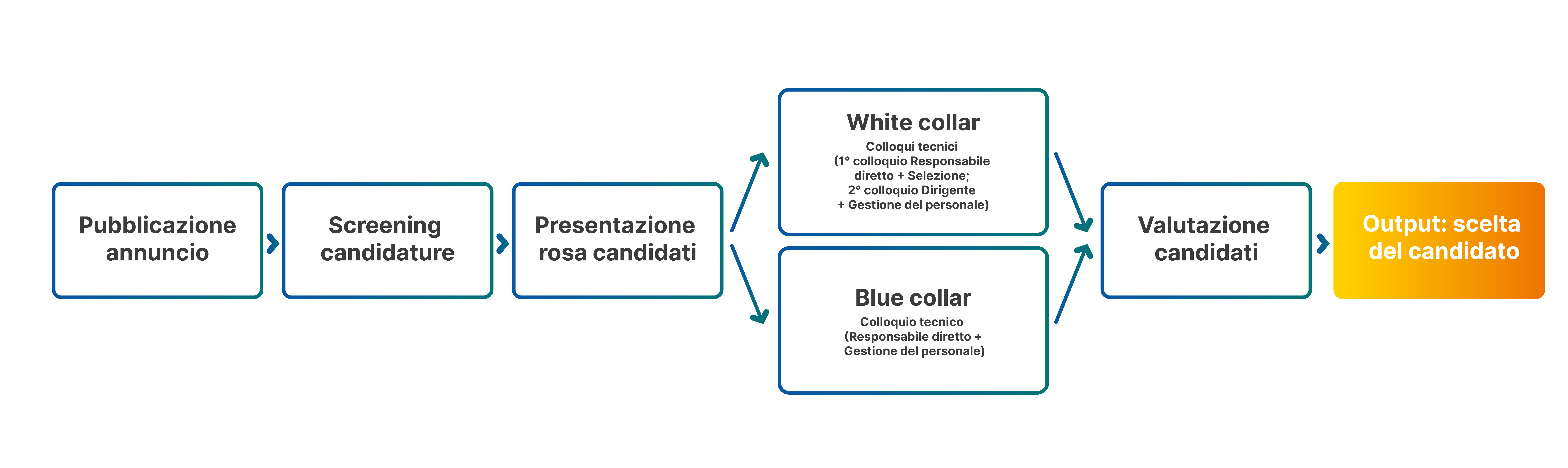 Grafico del processo di selezione: pubblicazione annuncio, screening candidature, presentazione rosa candidati che si divide in White collar e Blue collar. Entrambi sono seguiti dalla valutazione candidati per poi arrivare alla scelta finale.
